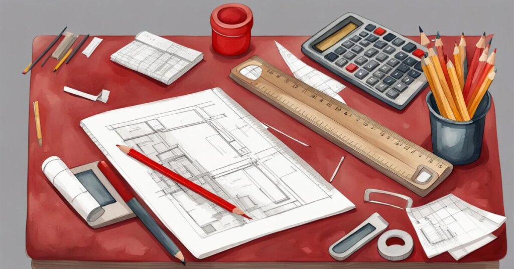 A desktop with a basement floor plan, ruler, calculator and pencils for determining the cost of a basement finishing, remodel or renovation project.