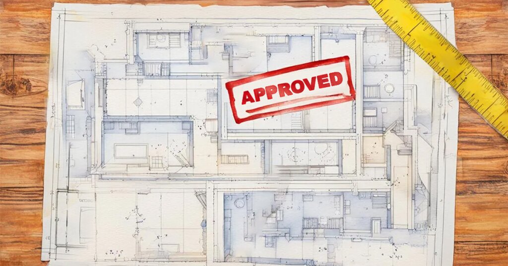Building plans with stamp of approval for basement building permit.